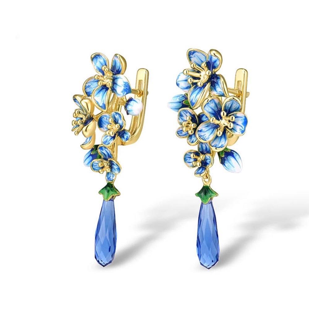 Blue water drop flowers dangling earrings
